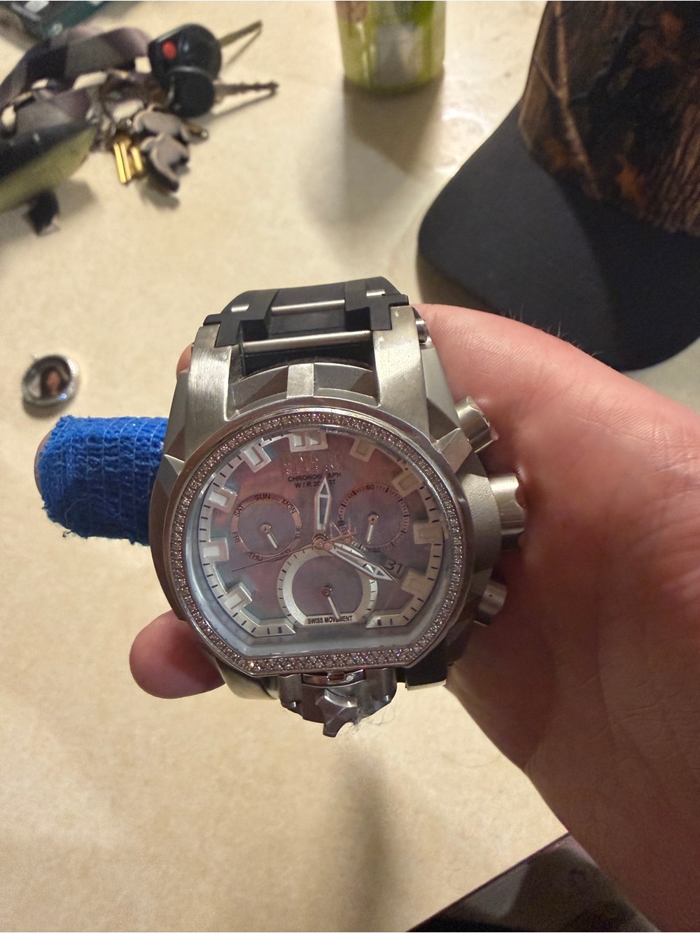 Invicta Silver Watch with Pink Mother-of-Pearl Dial and Black Strap